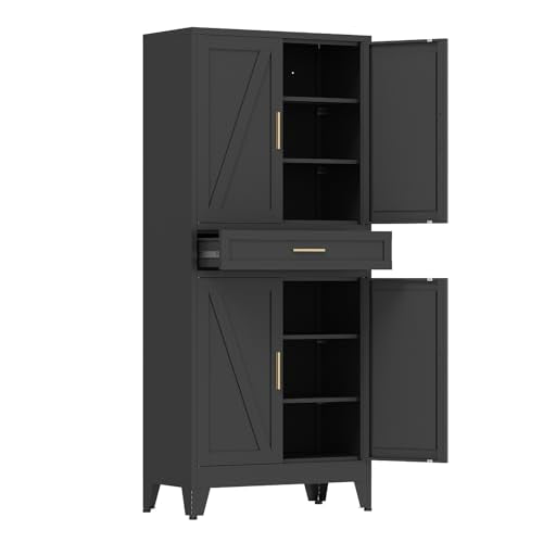 COFaR 71 in Tall Kitchen Pantry Cabinet with Drawer, Metal Pantry Storage Cabinet with 4 Adjustable Shelves and 4 Barn Doors, Freestanding Farmhouse Food Cupboard for Dining Room Garage, Black 6-Tier - color: Black, size: 71 Tall 4 Doors 1 Drawer-Farmhous