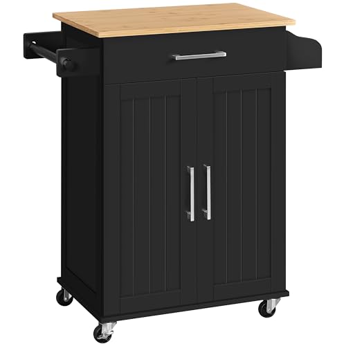 Yaheetech Kitchen Island on Wheels with Storage Cabinet, Rolling Kitchen Cart with Bamboo Top & Drawer & Spice Rack Towel Bar, Microwave Stand Cart for Kitchen/Dining Room, Black - color: Black, size: 23.6"W