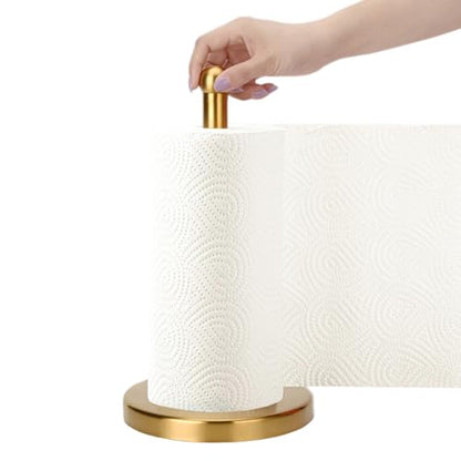 Paper Towel Holder Countertop, Brushed Gold Paper Towel Holder Stand Papertowel Holder with Stable Weighted Base, Free Standing Paper Towel Roll Holder for Kitchen Bathroom