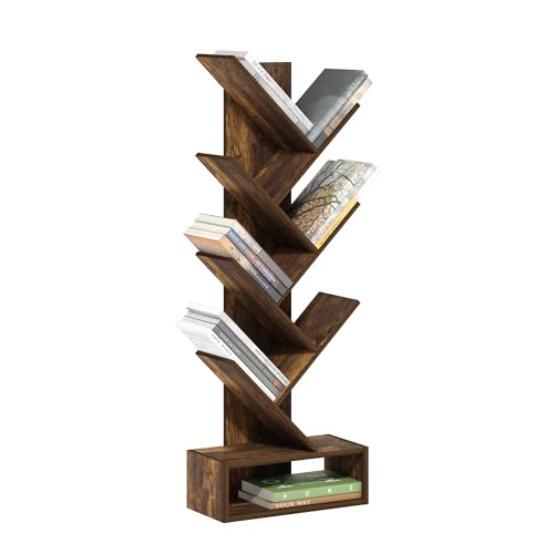 Furinno Tree Book Shelf, 7-Tier Bookshelf, Tree Bookcase with Bottom Shelf, 8.4 x 16.9 x 46.2, for Living Room, Bedroom, Home Office, Amber Pine - color: Amber Pine, size: 7-Tier Tree with Bottom Shelf
