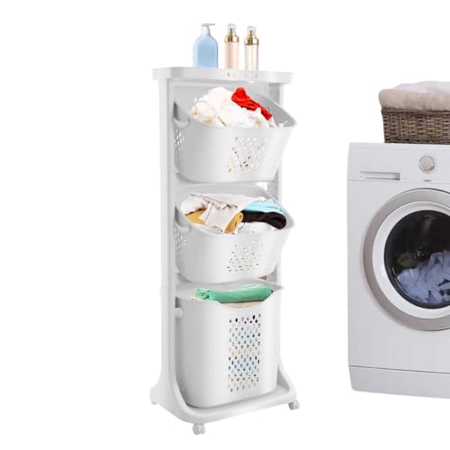 Rolling Laundry Hamper, 3 Tier Storage Sorter Cart with Wheels, White Plastic Dirty Laundry Basket, Movable Clothes Toiletries Snacks Hamper for Kitchens Bathrooms Bedrooms Classrooms Laundry Rooms