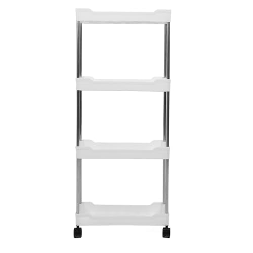 Slim Storage Cart Rolling Utility Organizer Compact Slide Out Shelving for Kitchen Bathroom PP Stainless Steel White 4 Tier 4.9 Inch Baskets with Wheels Hooks - color: White