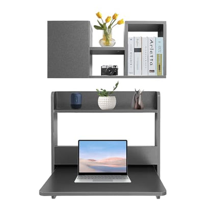 Wall Mounted Bookshelf with Moveable Cabinets, Multifunctional Folding Floating Desk, Fold Down Laptop Table with Storage Shelves for Bedroom Study Room Space Saving Small Space Garage (Grey) - color: Grey
