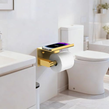 Bntuk Toilet Paper Holder with Phone Shelf Stainless Steel Wall Mounted Toilet Paper Roll Holder - Rustproof and Bathroom Washroom Tissue Roll Holder with Shelf - Gold - color: Gold