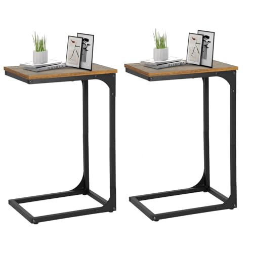 FDW C-Shaped End Table Wooden Top Side Table Adjustable Feet Small Cough Table Bedside End Table with Metal Frame for Bedroom Living Room,Set of 2,Brown - color: Brown