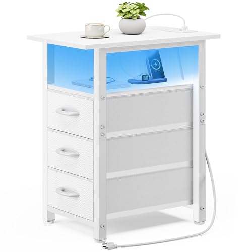 Vagusicc White Nightstand with Charging Station and LED Lights, Narrow End Table, LED Nightstand with 3 Fabric Drawers for Bedroom, Small Bedside Table, Narrow Side Table for Small Spaces, White - color: White, size: 1, style: With Power & LED