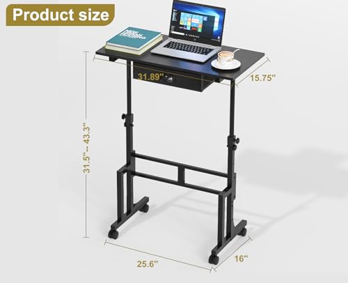 Adjustable Height Standing Desk With Drawer, Rolling Sit Stand Up Desk With Wheels, Small Sit To Stand Computer Desk, Adjustable Desktop Height, On Wheels, Black, For Walking Pad Laptop Treadmill - color: Black, size: With Drawer