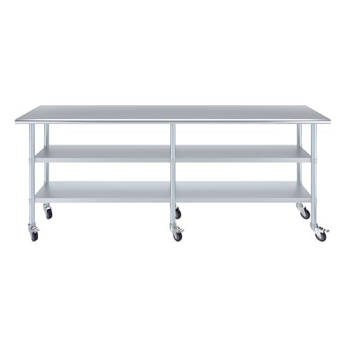 AmGood Stainless Steel Work Table with 2 Shelves and Casters | Metal Utility Table On Wheels (Stainless Steel, 96" Long x 18" Deep) - size: 96" Long x 18" Deep