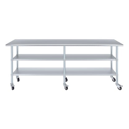 AmGood Stainless Steel Work Table with 2 Shelves and Casters | Metal Utility Table On Wheels (Stainless Steel, 96" Long x 18" Deep) - size: 96" Long x 18" Deep
