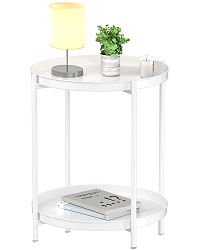 EKNITEY 2 Tier End Table - Metal Side Table Waterproof Small Sofa Coffee Side Tables Bedroom Indoor Outdoor with Removable Tray for Living Room Bedroom Balcony and Office (White) - color: White, size: 2 tier
