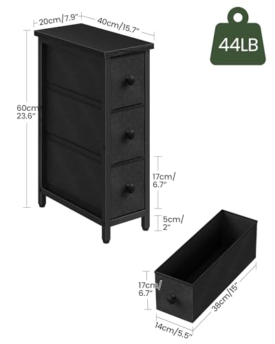 CHOEZON Narrow Side Table with 3 Fabric Drawers, Industrial Slim Bedside Table for Small Spaces, Bedroom, Living Room, Dormitory, Black TBZ09BB - color: Black