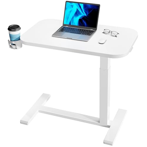 HUANUO 32Inch Bedside Table with Wheels, Height-Adjustable Rolling Computer Cart, Overbed Table with Cup Holder, Pneumatic Laptop Standing Desk for Home Office, White - color: White, size: Large-32 Inch