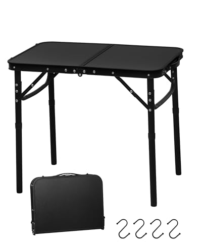 LOFTEY 2024 Reinforced Small Folding Table Portable, Small Foldable Camping Table, Heavy-Duty Mini Folding | Adjustable Height | Lightweight Premium Aluminum with Handle | Black 25"x16"x22" - color: Black