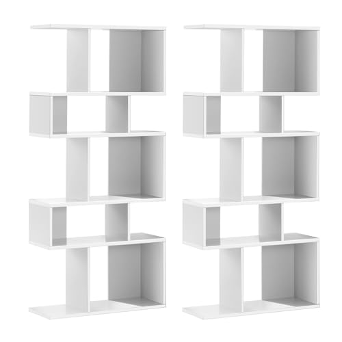 GIANTEX 5-Tier Geometric Bookshelf White Set of 2, 70'' Tall Wood Freestanding Decorative Display Open Shelves with Anti-Tipping Device, Each Shelf Holds up to 44 lbs, Wooden S Shaped Bookcase - color: White