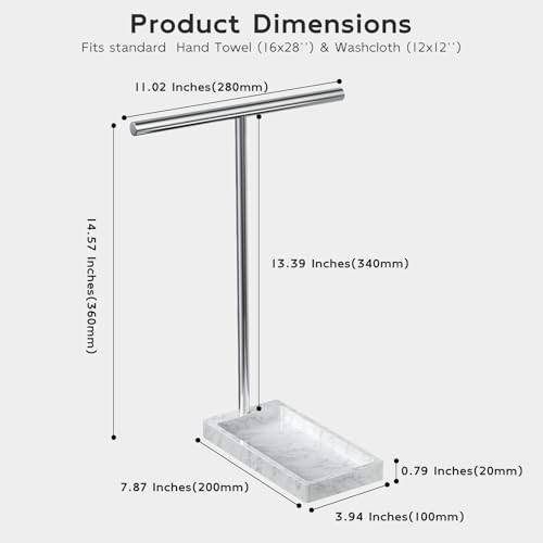 Volnamal 2-in-1 T-Shape Hand Towel Holder for Bathroom Countertop, Silver | Heavy Non-Tipping Towel Holder with Countertop Tray, Extended-Heigher Towel Stand for Standard, Rust-resistance & Durability