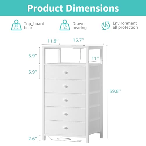 BOLUO White Dresser with 5 Drawers Tall Nightstand with Charging Station and LED Light, Bedside Table Room Storage Drawers Closet - color: A.white, size: 11.8"D x 15.7"W x 39.8"H (5 drawers)