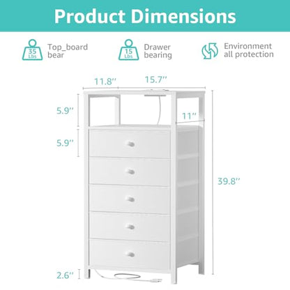 BOLUO White Dresser with 5 Drawers Tall Nightstand with Charging Station and LED Light, Bedside Table Room Storage Drawers Closet - color: A.white, size: 11.8"D x 15.7"W x 39.8"H (5 drawers)