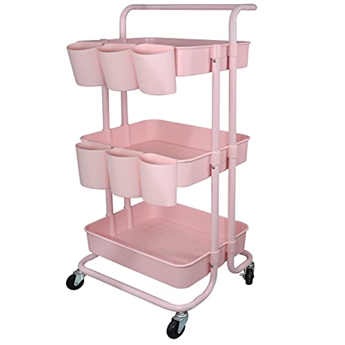 3 Tier Utility Rolling Cart Storage Organizer Shelf Rack with 6PCS Hanging Cups for Home Office Kitchen Bathroom Storage (Pink)