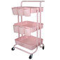 3 Tier Utility Rolling Cart Storage Organizer Shelf Rack with 6PCS Hanging Cups for Home Office Kitchen Bathroom Storage (Pink)