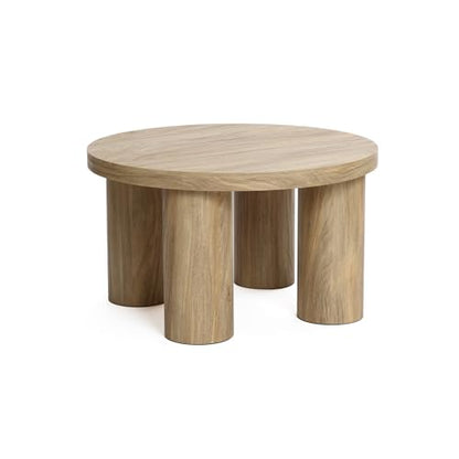 LuxenHome Round Coffee Table with 4 Pillar Legs, 27.5'' Wide Accent Center Table, Modern Farmhouse Oak Finish Wooden Low Cocktail Tea End Table with Sturdy Base for Living Room Home Office - color: Dark Oak-l