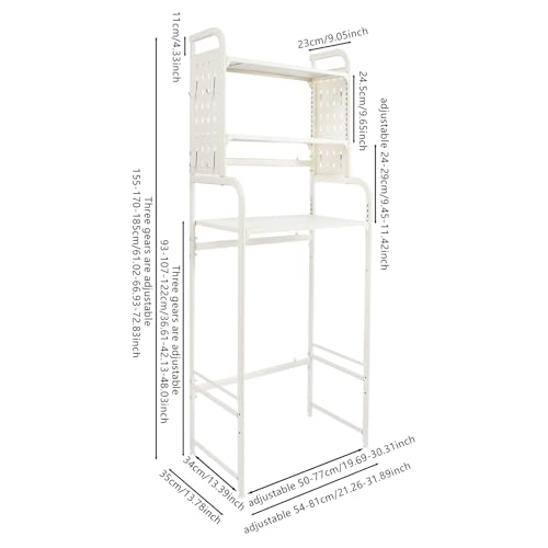 Adjustable Laundry Room Shelf, White Washing Machine Shelf, 3-Tier Washing Machine and Dryer Storage Rack, Laundry Room Space Saving Organizer with Hooks for Balcony