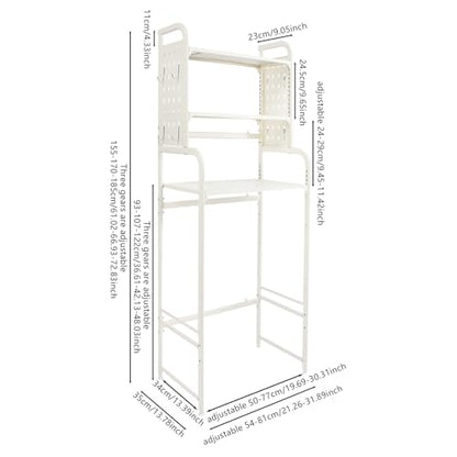 Adjustable Laundry Room Shelf, White Washing Machine Shelf, 3-Tier Washing Machine and Dryer Storage Rack, Laundry Room Space Saving Organizer with Hooks for Balcony