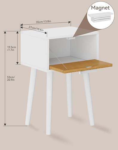 YMYNY Narrow Fluted Nightstand Set of 2, Small End Table, Modern Coffee Table with Drawer, Solid Wood Legs, Retaining Chain, for Bedroom and Small Spaces, White and Natural UHST014WN-2 - color: White and Natural