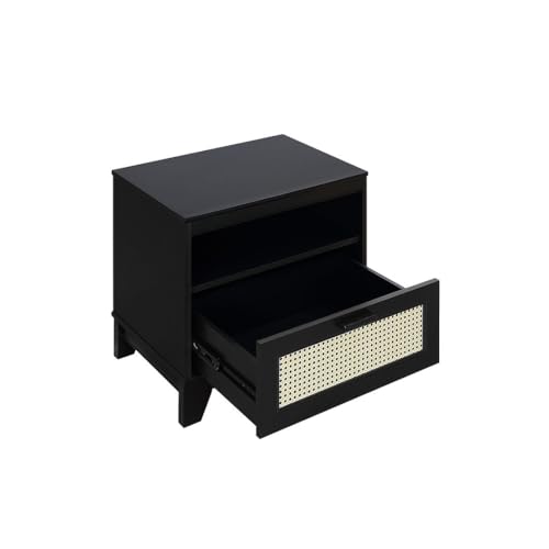 Manhattan Comfort Sheridan Cane Nightstand with Full-Extension Drawer and Open Shelf Cubby, Mid-Century Modern Bedside End Table, Boho Night Stand Accent Table for Bedroom or Living Room in Black - size: Set of 1