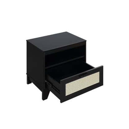 Manhattan Comfort Sheridan Cane Nightstand with Full-Extension Drawer and Open Shelf Cubby, Mid-Century Modern Bedside End Table, Boho Night Stand Accent Table for Bedroom or Living Room in Black - size: Set of 1