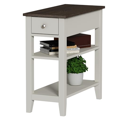 ChooChoo Side Table Living Room, Narrow End Table with Drawer and Shelf, 3-Tier Sofa End Table for Small Space, White and Brown - color: Farmhouse White