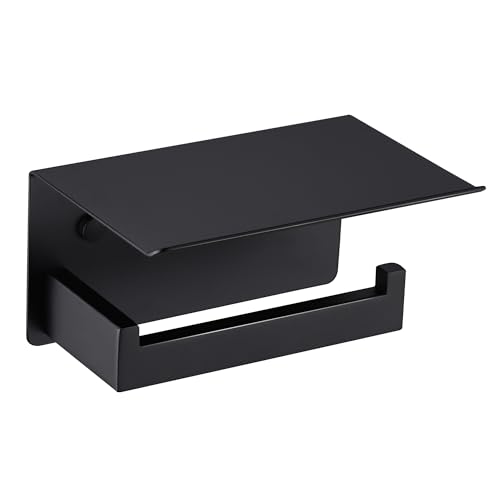 LANC Matte Black Toilet Paper Holder with Shelf, Adhesive or Screw Bathroom Toilet Paper Roll Holder with Phone Shelf for Bathroom Wall Mount, Tissue Roll Holder Stainless Steel, A8367MB - color: Matte Black, size: Right Hand(With Shelf)