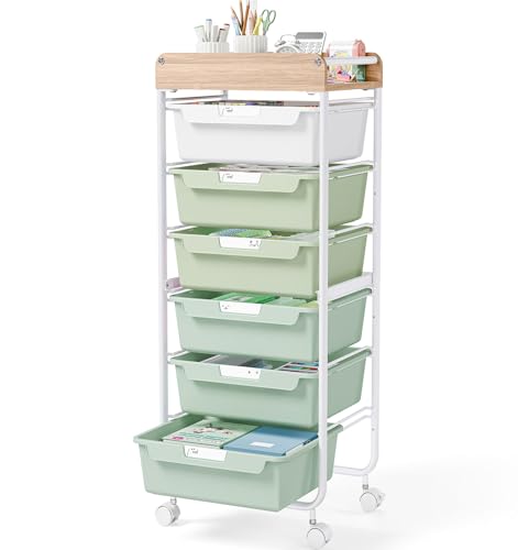 6 Drawer Rolling Cart for Craft Storage,Utility Drawer Organizer with Handle and Wooden Top,Storage on wheels for Office, Classroom,Laundry,Garage,Snack,Art Supply,Green - color: Green, size: 6-Drawer