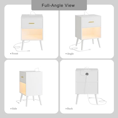 Aienvey Nightstand with Charging Station and LED Lights, White | Small Side Table, Bedside Table with Drawer, Modern Night Stand with Light/Power Strip, End Table for Bedroom, Living Room - color: White
