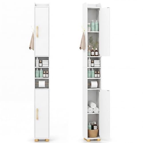 Tangkula Narrow Bathroom Cabinet, 69.5” Tall Storage with 2 Doors & Adjustable Shelves, Toilet Paper Rod & Side Hook, Anti-toppling Design, Slim Floor Cabinet for Small Spaces (White, 2 Pack) - color: White, size: 2 Pack