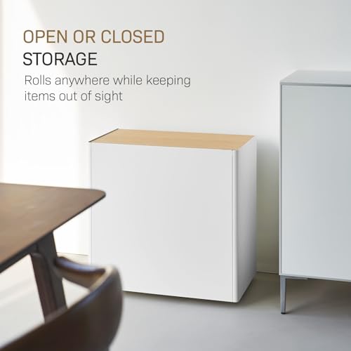 Yamazaki Home Tower Mobile Hideaway Storage Cart – Rolling Printer Stand with Adjustable Shelves, Hidden Storage, Rolling Cart with Wheels, Mobile Office Organizer, Utility Cart, 23" - Steel + Wood - - color: White