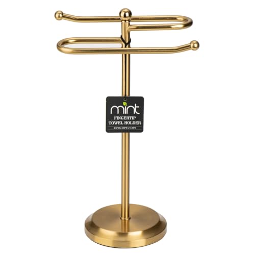 J&V TEXTILES Classical Steel Towel Rack Holder Stand with 2 Hanging Rings for Bathroom Vanity Countertops - Space Saving Hand Towel Holder (Aged Brass) - color: Aged Brass