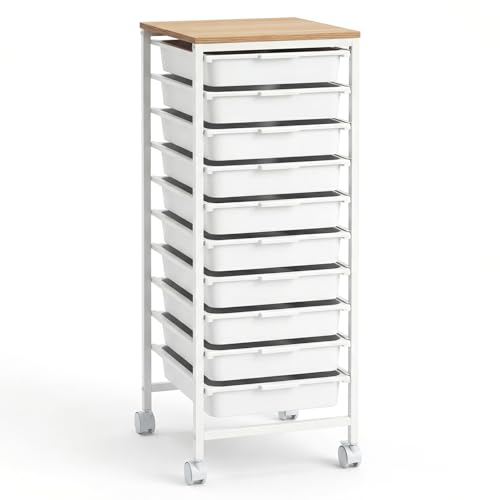 COSTWAY Rolling Storage Cart with Drawers, Multipurpose Utility Cart w/Wooden Tabletop & 2 Lockable Caster, Plastic Mobile Drawer Storage Organizer for Classroom, Home, Office (White, 10 Drawers) - color: White, size: 10 Drawers