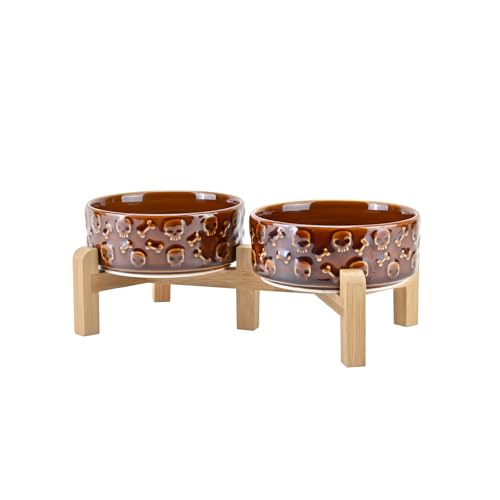 SPUNKYJUNKY Elevated Dog Bowls Ceramic, 5.1'' Dogs and Cat Food Water Bowls Raised with Non-Slip Bamboo Stand for Puppy Small Sized Breed Microwave Dishwasher Safe - 13.5 OZ,Skull Bronze - color: Bronze - Skull, size: 5.1 in - 1.7 cups