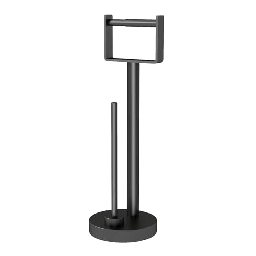 YUMORE Toilet Paper Holder Stand up with Storage, Bathroom Weighted Base Floor Toilet Paper Roll Holder Free Standing for 3 Rolls, Matte Black Bath Stainless Steel Extra Tissue Holder - color: Metal Black