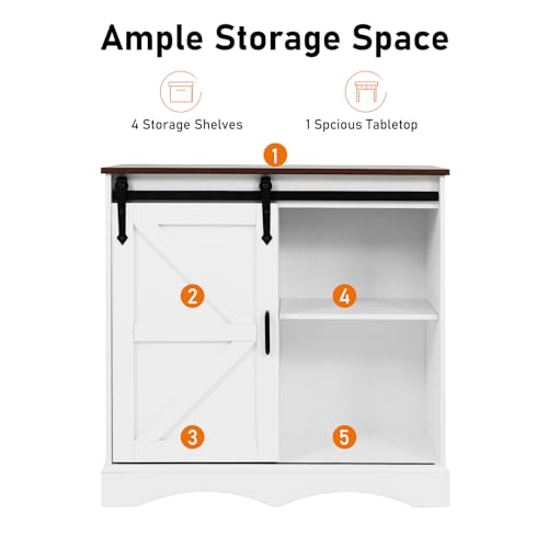 HOMFAMILIA 31.5" H Farmhouse Coffee Bar Cabinet w/Storage, White Kitchen Coffee Station with Sliding Barn Door, Rustic Buffet Cabinet with Adjustable Shelves, for Kitchen, Living Room, White - color: White