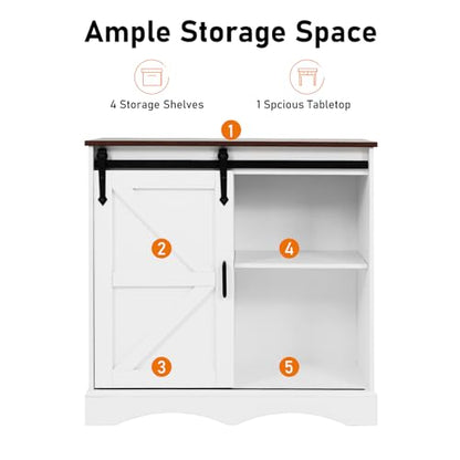 HOMFAMILIA 31.5" H Farmhouse Coffee Bar Cabinet w/Storage, White Kitchen Coffee Station with Sliding Barn Door, Rustic Buffet Cabinet with Adjustable Shelves, for Kitchen, Living Room, White - color: White