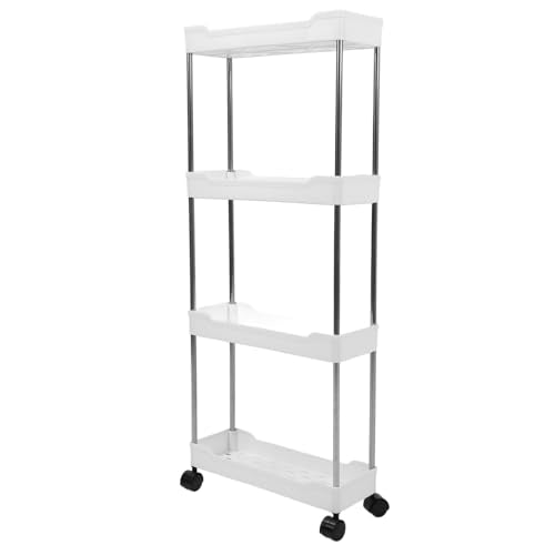 Slim Storage Cart Rolling Utility Organizer Compact Slide Out Shelving for Kitchen Bathroom PP Stainless Steel White 4 Tier 4.9 Inch Baskets with Wheels Hooks - color: White