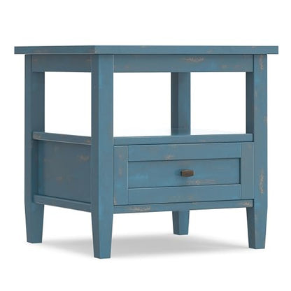SIMPLIHOME Warm Shaker End Table - 20" Wide x 20" High Solid Wood Square Accent Table in Distressed Coastal Blue, Transitional Side Table for Living Room with Drawer, Open Shelf and Tapered Legs - color: Distressed Coastal Blue, size: 20 inch, style: End