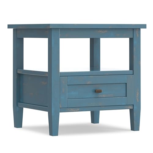 SIMPLIHOME Warm Shaker End Table - 20" Wide x 20" High Solid Wood Square Accent Table in Distressed Coastal Blue, Transitional Side Table for Living Room with Drawer, Open Shelf and Tapered Legs - color: Distressed Coastal Blue, size: 20 inch, style: End