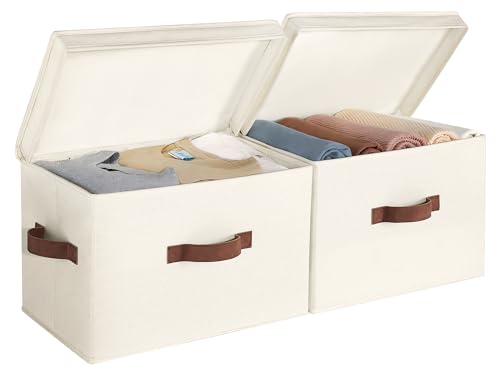 StorageWorks Fabric Storage Bins with Lid, Decorative Storage Boxes for Shelves, Stackable Closet Organizer Basket with Handles, Large, Ivory White, 2-Pack | Flip-Top Lid, 3 Handles, Collapsible, Stackable, for Clothes Blankets, Multi-Purpose, Large, Ivor