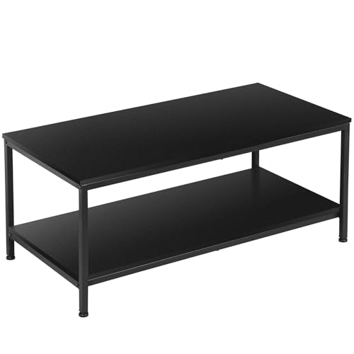 SUPER DEAL 2-Tier Coffee Table with Storage Shelf for Small Apartment Living Room, Rectangle Wood and Stable Metal TV Stand Side End Table, Black - color: Black, size: 39.4in