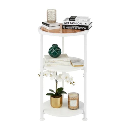 Modern 3-Tier Round End Table with Amber Tempered Glass Top, 11.8" Small Side Table for Living Room, Bedside Nightstand with Metal Frame & MDF Shelves for Small Spaces, White & Gold-Tone Accents - color: White