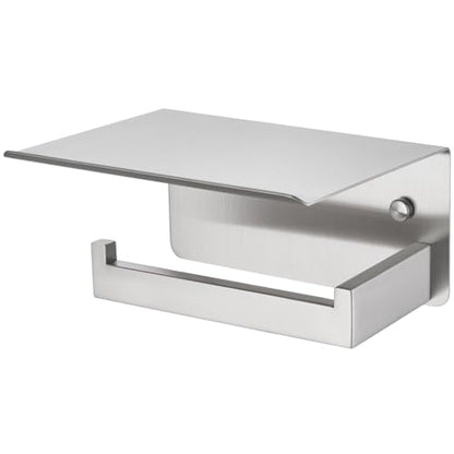 APLusee Brushed Nickel Toilet Paper Holder with Shelf, Left Side 304 Stainless Steel Tissue Roll Hanger, Wall Mounted - color: Brushed Nickel