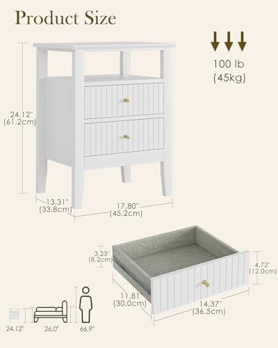 Fluted Nightstand, Farmhouse Night Stand with 2 Drawers, Mid Century Modern Side Accent Table,Bedside End Table for Bedroom, Living Room, White - color: White, size: 2 Drawers