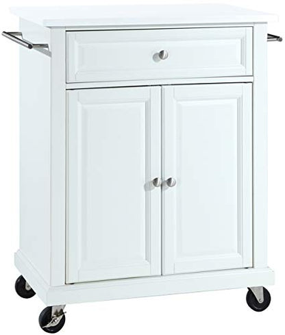 Crosley Furniture Compact Stone Top Small Rolling Cart with Shelves, Microwave Stand with Towel Rack, White - color: White, style: White Granite Top
